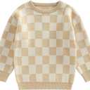 Kuriozud Toddler Baby Boy Girl Sweater Checkerboard Knit Crewneck Sweatshirt Soft Warm Fall Winter Clothes (3-4T, Plaid Beige)