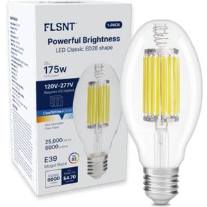 FLSNT ED28 LED Bulb 39W 6000LM, 175W HID Equivalent, 4000K Cool White, E39 Mogul Base, Ballast Compatible Type A, HID-Ready LED, 120-277V via Ballast, Clear Cover, ETL Listed, Non-Dimmable