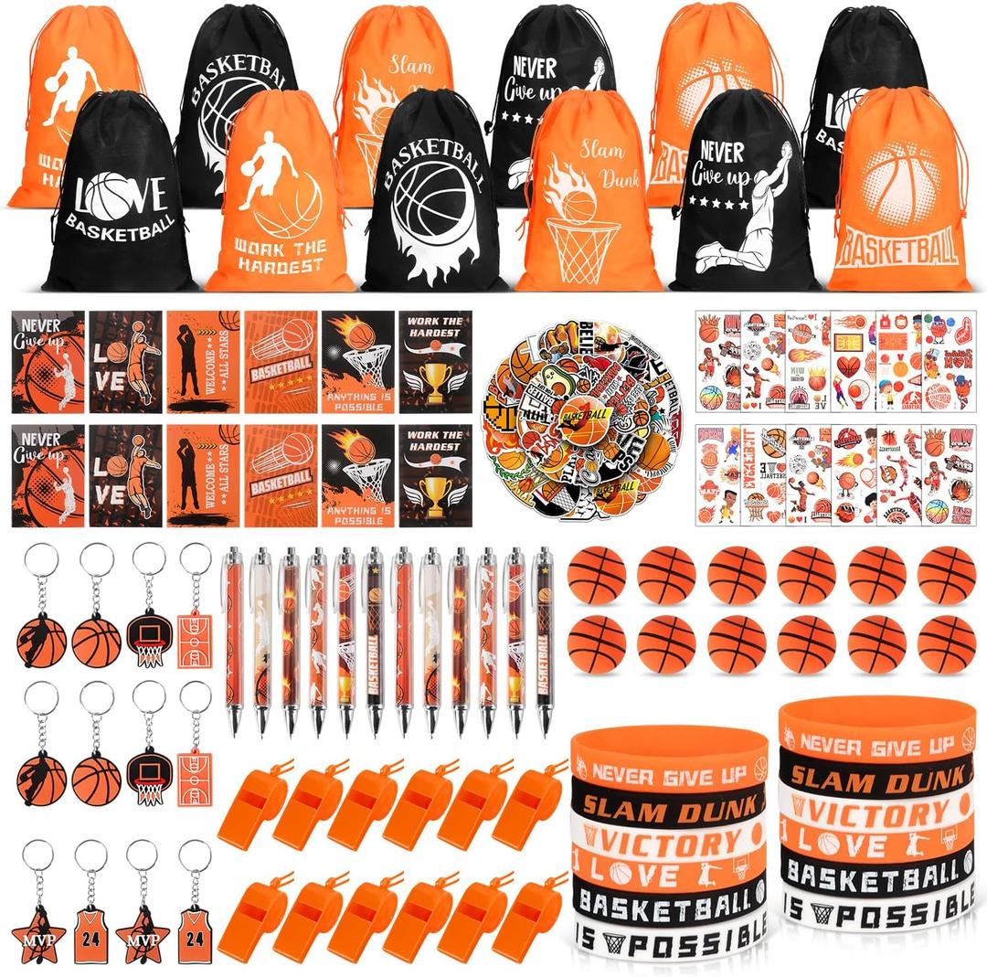KISPATTI Basketball Party Favors, 146PCS Sports Birthday Party Favors with Drawstring Bags Silicone Bracelets Notebooks and Stickers, Goodie Bags Team Gifts for Basketball Birthday Party Supplies