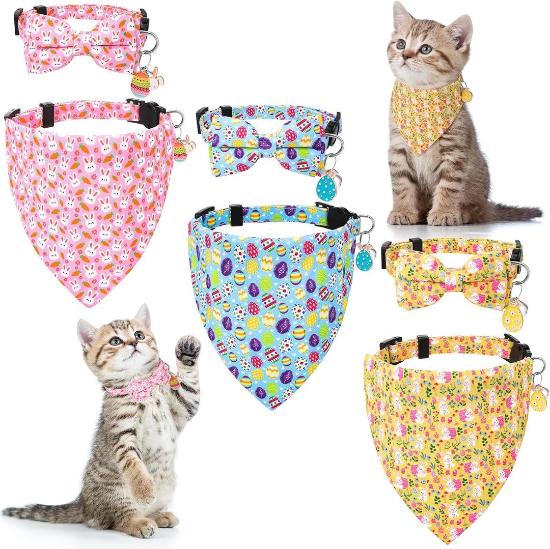 6 Pcs Easter's Day Cat Collars with Bell Bow Tie Bandana Breakaway with Bow and Bells Adjustable Safety Cat Collars for Kitten (Yellow)