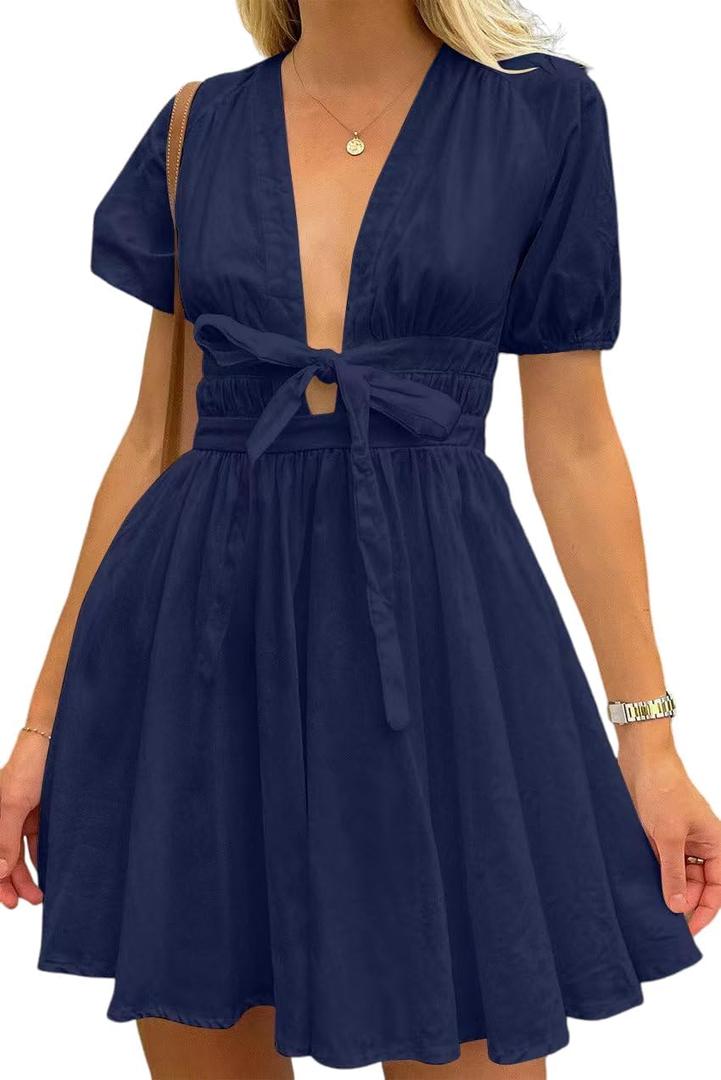 Women's Cute Summer Short Puff Sleeve Tie Cotton Mini Dress (Small, Navy)
