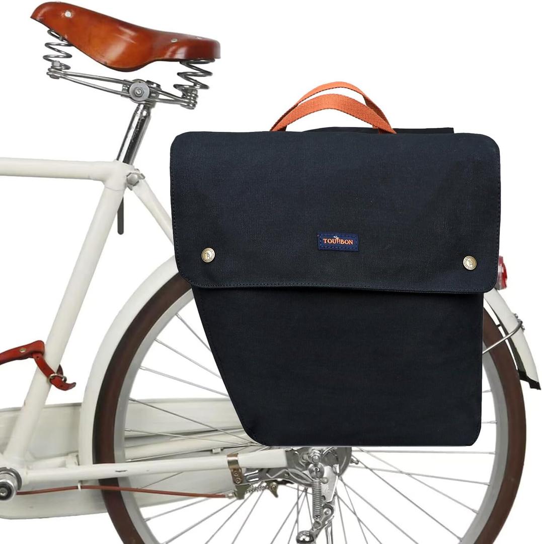 TOURBON Canvas Cycling Bicycle Bike Pannier Rear Seat Bag Rack Trunk (Waterproof, Roll-Up) (Black)