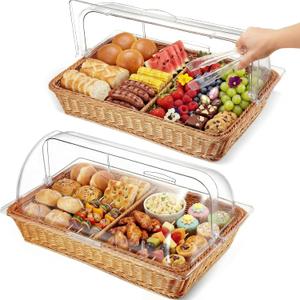 Ziliny 2 Set Wicker Bread Baskets for Serving with Clear Acrylic Roll Top Lid Woven Rattan Bread Basket Large for Fruit Food Picnic Summer Pool Party Outdoor BBQ(21.26 x 13 Inch,2 Compartment)