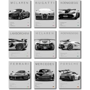 CSLGQGV Car Posters Vintage Racing Car Wall Art Supercar Canvas Prints Painting For Men Room Pictures Guys Dorm Room Aesthetics Decor Bedroom Office (Unframed, 810 Inch, 9 Pcs) (Grey 2)
