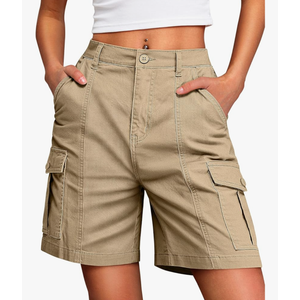 IWD Bermuda Cargo Denim Shorts for Women Knee Length 6 Pockets Elastic Waist Long Jorts for Summer Casual L