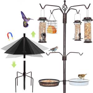 YINGYM 6-Hook Bird Feeding Station Kit, 94 Inch Heavy Duty Bird Feeder Stand Pole for Outdoors Hanging with 4 Feeders, Wide Metal Squirrel Baffle, Attracting Wild Birds