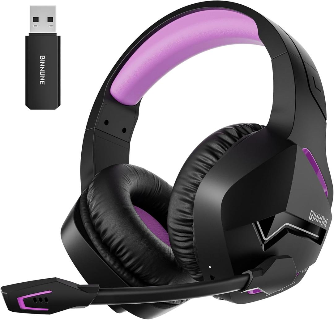 BINNUNE 2.4GHz Wireless Gaming Headset, Bluetooth 5.3 Gaming Headphones with Noise Canceling Mic, 120H Ultra-Long Battery, 50mm Drivers, Multi-Platform for PC / PS5 /PS4/ Switch/Mobile, Purple