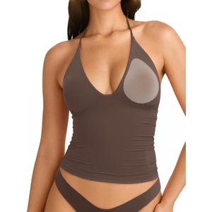 SUUKSESS Women Double Lined Halter Tank Top Summer Padded Deep V Neck Going Out Tops Sleeveless Basic Shirts (Brown, Large)