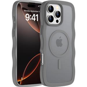 2 x Hualele for iPhone 16 Pro Max Case Cute for Women, Compatible with MagSafe, Military Grade Dropproof Translucent Matte Back Curly Wave Edge Slim Girly Phone Case 16 Pro Max Case, Grey