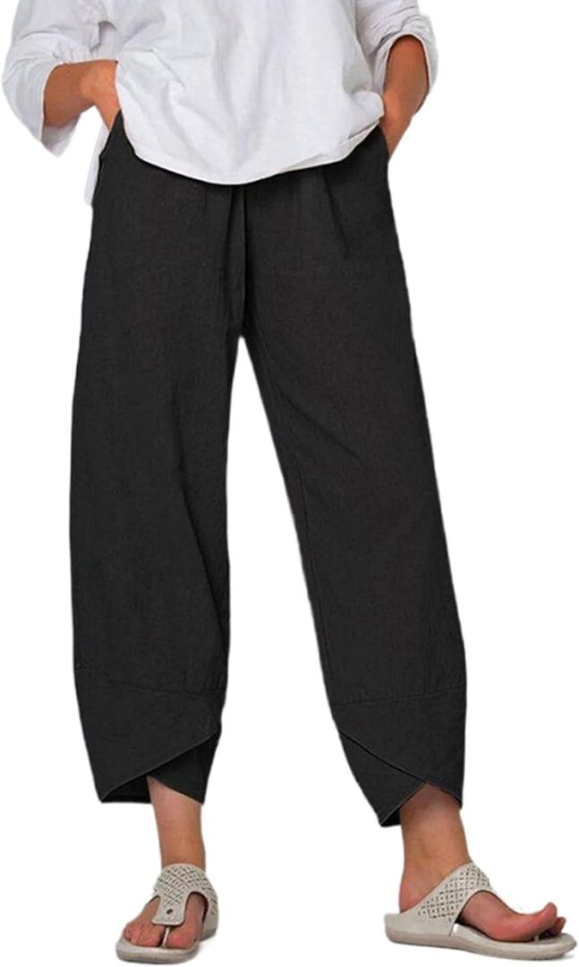 Springrain Women's Capri Pants Casual Summer Cotton Linen Cropped Tulip Pants Lounge Pants Trousers (Black, S)