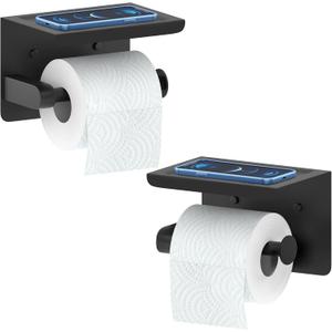 Matte Black Toilet Paper Holder with Shelf, SUS304 Stainless Steel Wall Mounted, Dual Installation Adhesive or Screw, Rustproof Modern Bathroom Tissue Roll Holder - 2 Pack