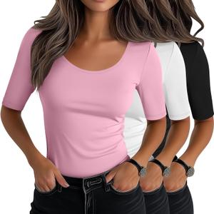 Neer 3 Pack Women's Scoop Neck Stretchy Tops Cotton Half Sleeve Slim Fitted T-Shirts Tight Casual Basic Summer Tees (Medium, Black, White, Pink)