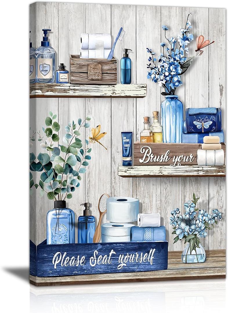 WANGTIAO Navy Blue Shelf Pattern Bathroom Canvas Wall Art Rustic Grey Wood Grain Wall Paintings Please Seat Yourself Sign Prints Pictures Vintage Aesthetic Bathroom Poster Artwork Home Decor 12"x16"