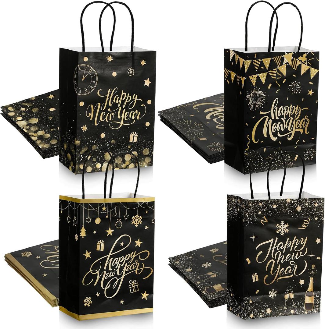 Geyoga 24 Pcs Happy New Year Party Favor Gift Bags with Handles New Year's Eve Party Paper Bags 5.9 x 3.1x 8.2 in for Eve Party Festival Holiday Party Decorations