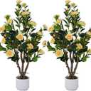 2 Pack Artificial Camellia Tree with White Pot, 38" Faux Potted Plants for Indoor Outdoor Decor, Tall Silk Greenery Plant for Home Offce Living Room Balcony, Yellow