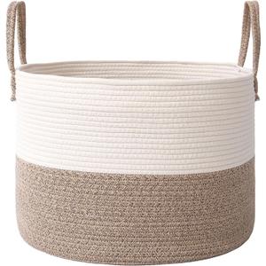 JMvicyroam 65L Extra Large Blanket Basket for Living Room - Woven Cotton Rope Laundry Hamper with Reinforced Handles - Storage Bin for Pillows, Comforters & Toys - Machine Washable,White&Brown