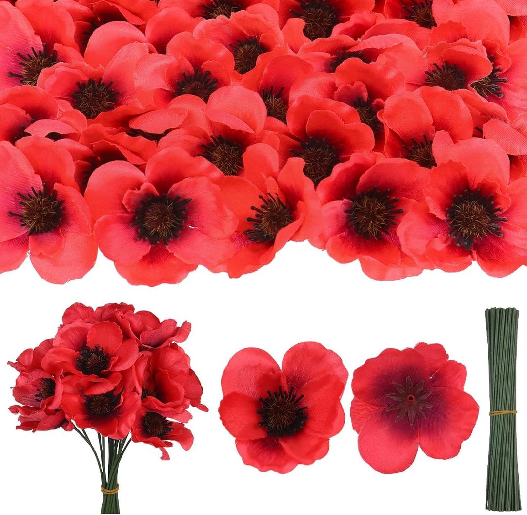 Red Poppy Artificial Flowers Fake Flowers Poppies Head Fake Wildflowers with 6 Inch Flower Branch for Memorial Veterans Day Remembrance Sunday Bouquet Corsages Home Kitchen Decor