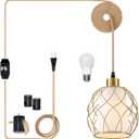 Plug in Pendant Light, Gold Hanging Lamp with Dimmable Switch, 15 ft Golden Cotton Cord, Hanging Light Fixture for Kitchen, Living Room, Bedroom (Bulb Included)