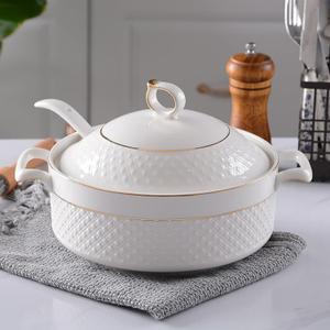 White Soup Tureen with Gold Design, Double Handle Soup Serving Bowl with Lid and Spoon Bone China Tableware, 1.5L