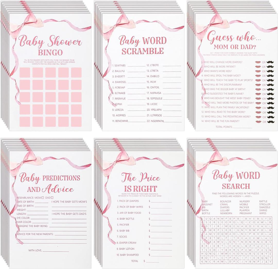 Ctosree 302 Pcs Pink Bow Price is Right Baby Shower Games Watercolor Ribbon Baby Shower Signs, 6 Games, 50 Sheets Each, Minimalist Girl Boy Predictions and Advice Bingo Word Scramble