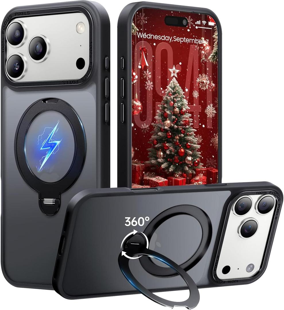 360 Spin Magnetic Stand for iPhone 17 Pro Max Case, Fit for MagSafe, Mil-STD Protective Case for iPhone 17 Pro Max Phone Case with Kickstand Rotatable 6.9 inch, Black