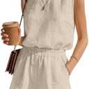 Ficerd Womens 2 Piece Summer Outfits Linen Short Sets Round Neck Sleeveless Tank Top Elastic High Waisted Shorts with Pockets(Linen Color,Medium)