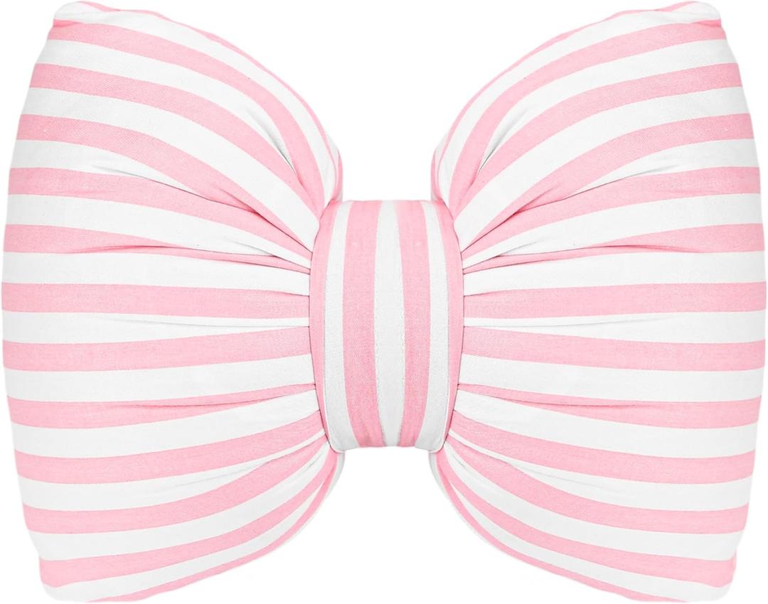 Little Pink Bow Pillows Car Decorative 10x9.5 inch, Stripes Shaped Headrest Pillow for Car Cotton Handmade Cushion Striped Case Washable Coquette for Sofa Office Neck Lumbar Aesthetic Room Home Decor