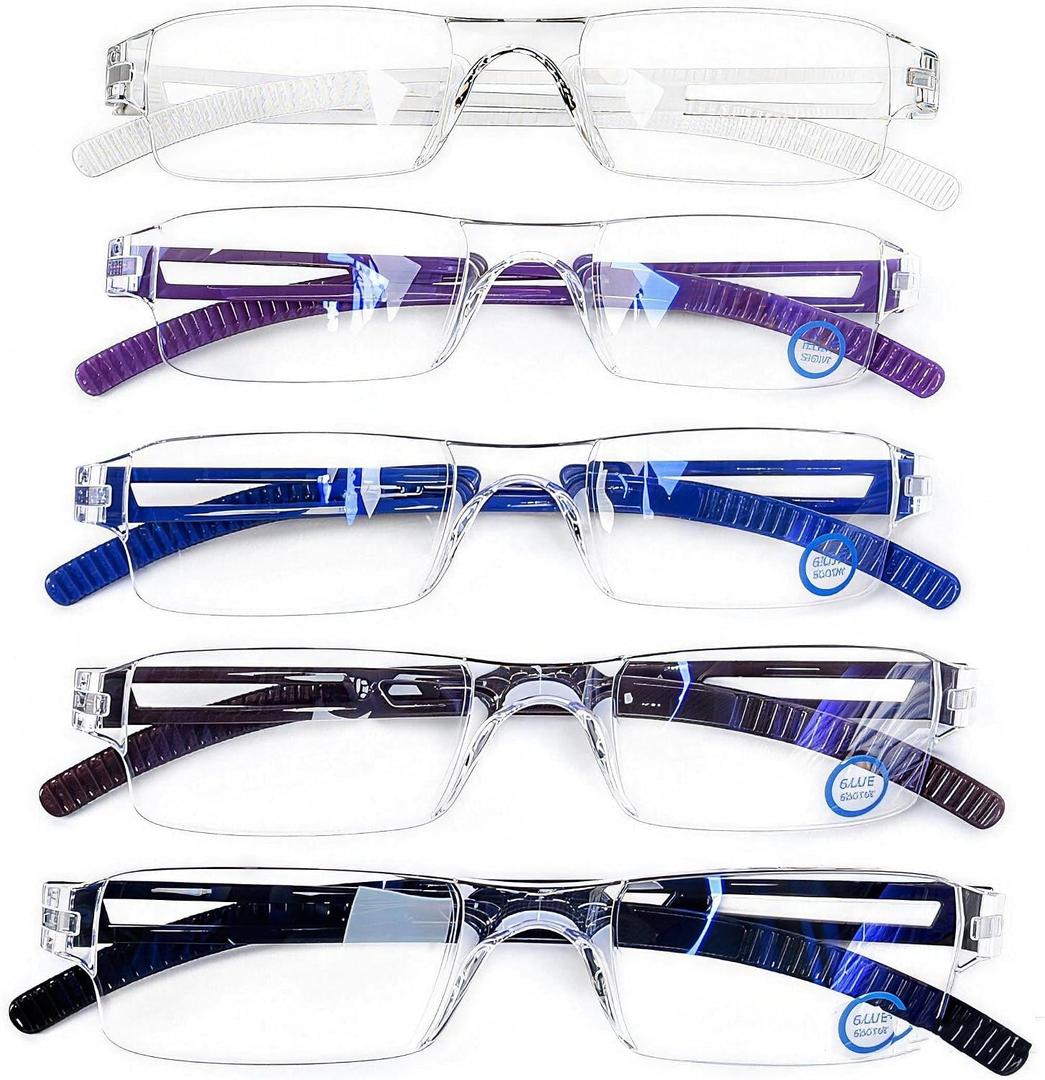 AQWANO 5Pack Computer Reading Glasses Women Men Blue Light Blocking Clear Frame Anti Glare Filter Lightweight Rimless Readers 3.0