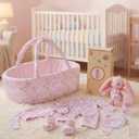 BABESIDE 8 Pcs Baby Doll Clothes Set with Bassinet for 12-15 Inch Dolls, Cute Bunny Baby Doll Clothes and Accessories Toy, Feeding Bottle Babydoll Accessories for Gilrs