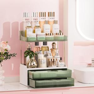 Bathroom Counter Organizer, 2-Tier 2-Drawer Makeup Organizer Countertop, Easy to Install, Ideal for Bathroom Storage, Vanity, Perfume, Large Skincare, Present, and More, DarkGreen