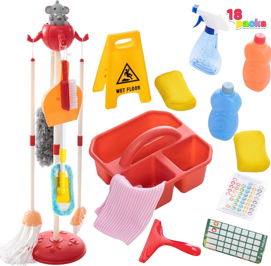 18 Pieces Detachable Housekeeping Cleaning Pretend Toy Set for Kids, Household Cleaning Tools Hanging Stand, Wet Floor Sign and Multiple Cleaning Tools Housekeeping Toys for Toddlers and Kids