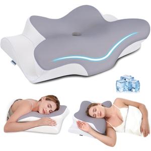 Missleep Cervical Neck Pillow, Memory Foam Pillows for Neck & Shoulder Pain Relief, 2 Heights Ergonomic Pillow with Breathable Ice Silk Cover, Neck Support Pillow for Stomach Sleepers Grey