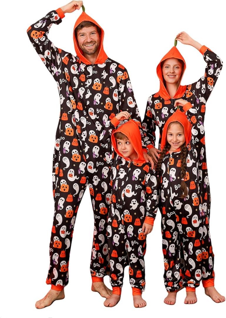 VNVNE Matching Halloween Onesie Pajamas for Family/Couples/Women/Men, Skeleton Holiday One Piece Adults Pjs Sleepwear (8-10 Years, Black Ghost)