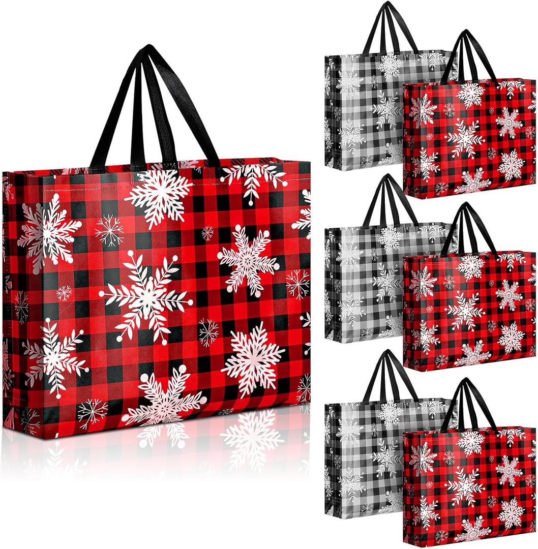 Abbylike 8 Pcs Large Christmas Reusable Gift Bags Holiday Snowflake Buffalo Plaid Tote Bags with Handles Non Woven Xmas Gift (Red, White, Black)
