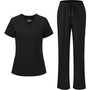 floralhue Scrubs for Women, V-Neck Scrubs Top & Cargo Pants with 12 Pockets, Yoga Waistband, 4 Way Stretch (Black, XL)