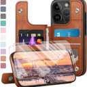 DJDUCK Compatible with iPhone 16 Pro Case Wallet, Card Holder Case with [2 Screen Protectors] Cover with [RFID Blocking Leather] Shockproof Women Men Cases 6.3" for Apple 16 Pro Light Brown