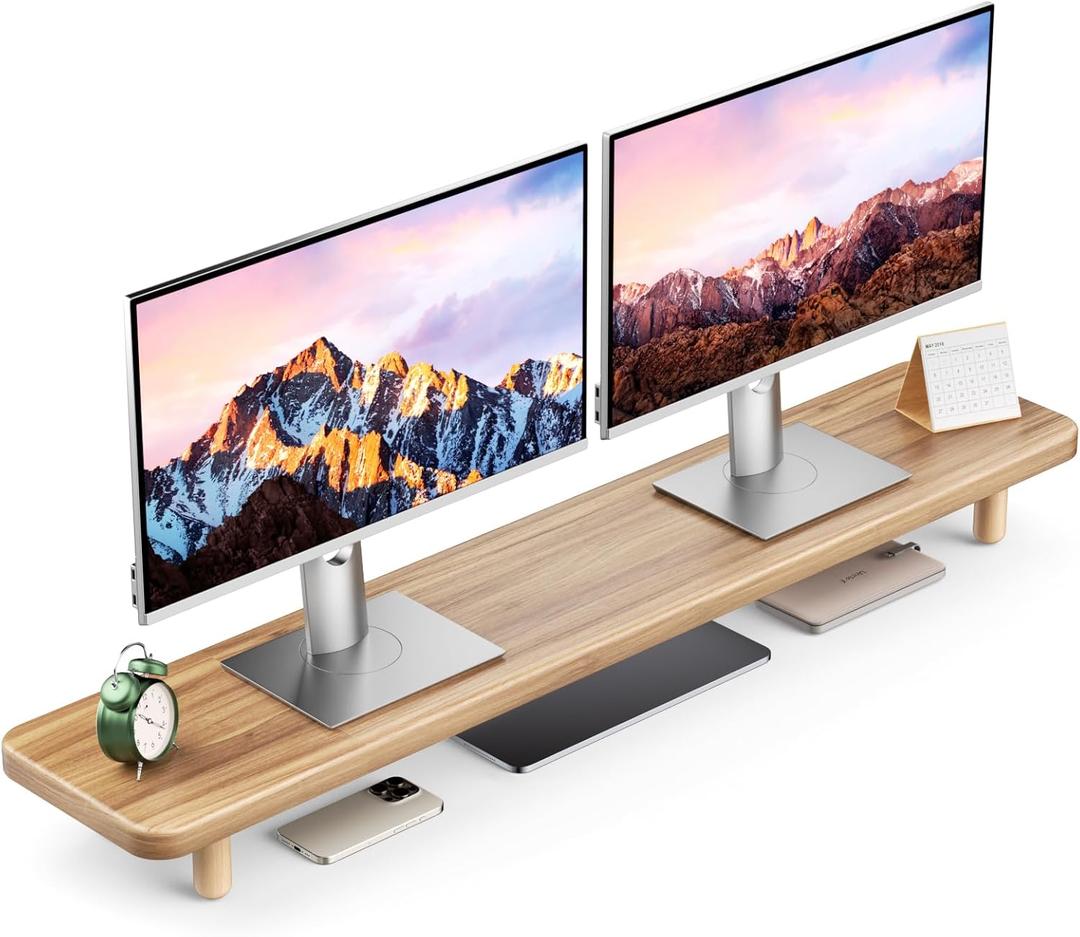 Dual Monitor Stand Riser, 39 Inch Extra Long Wooden Desktop Monitor Riser with Storage for 2 Monitors Ultra Strong Desk Shelf Organizer Riser Ergonomic for 2 Screens/Laptop/PC/TV/Printer, Light Walnut