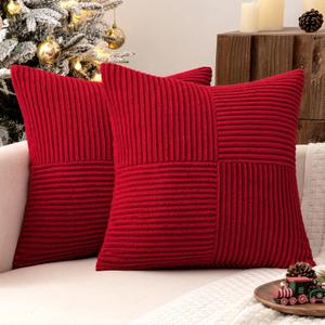 MIULEE Christmas Red Decorative Throw Pillow Covers 20x20 Inch for Couch Bed Sofa Pack of 2 Boho Farmhouse Throw Pillows Soft Cross Corduroy Patchwork Textured Cushion Cases