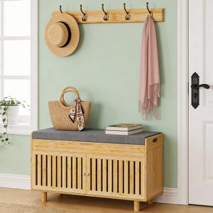 Shoe Storage Bench Coat Rack Set, 35.4" Bamboo Shoes Bench with Lift Top Hidden Storage & Wall Hooks, Hall Tree Entryway Bench with Seat Cushion, 2-Tier Shoe Cabinet for Entryway, Living Room, Bedroom, 35in Natural With Hooks