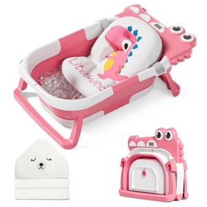 MoreFeel Collapsible Baby Bathtub for Newborn with Thermometer & 1 Hooded Towel & 1 Soft Floating Cushion,Portable Travel Bathtub with Drain Hole, Durable Foldable Baby Tubs for Infants to Toddler (Pink)