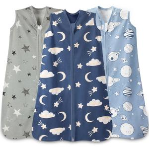 Baby Sleep Sack 12-18 Months Baby Wearable Blanket 100% Cotton TOG 0.5 2-Way Zipper Newborn Sleeping Bag, 3 Pack Comfy Lightweight Sleep Sacks for Babies (Large, Blue)