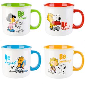 Peanuts Snoopy Gentle Reminders 21oz Stoneware Coffee Mugs, 4-Pack Camper Style, Assorted Colors, Large Ceramic Cups for Hot Beverages