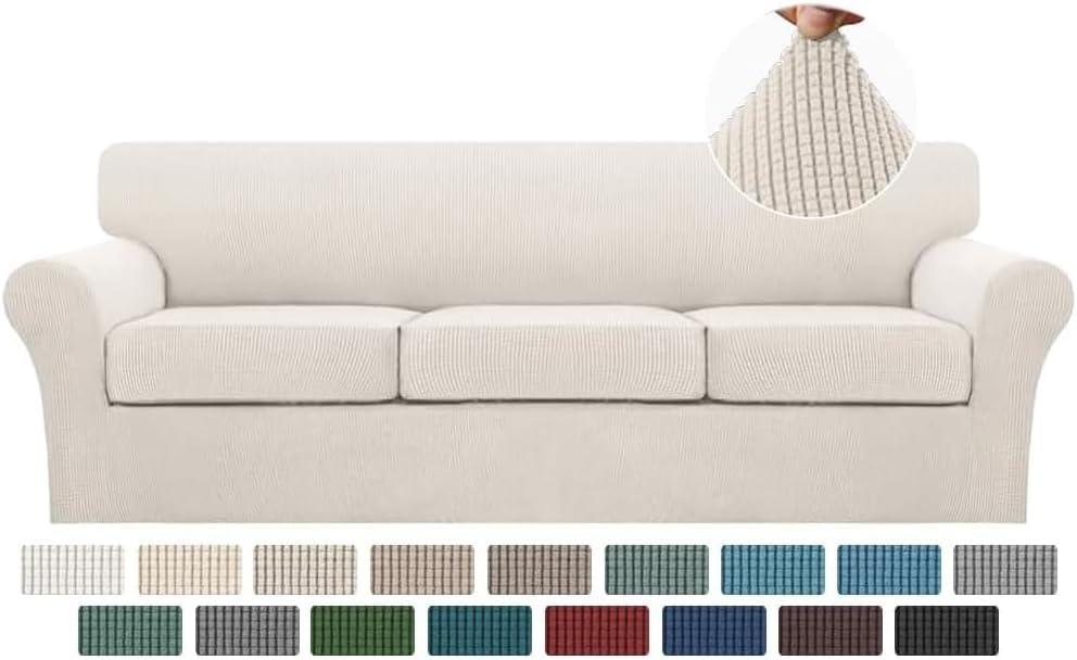 Turquoize 4 Piece Sofa Covers for 3 Cushion Couch Sofa Slipcover Soft Couch Cover for Dogs-Washable Sofa Furniture Covers with 3 Individual Large Cushion Covers, Feature Thick Fabric (XL Sofa, Ivory)