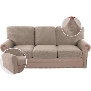 H.VERSAILTEX Multi-Pieces Sofa Covers Stretch Couch Covers Form Fitted Seats and Back Cushions Covers (3 Seat Covers Plus 3 Back Cusion Covers, Bonus 2 Armrest Covers), Sand