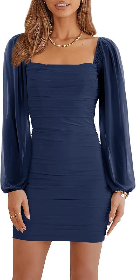 Wenrine Women's Mesh Long Sleeve Square Neck Ruched Party Club Cocktail Bodycon Mini Dress (Large, Navy Blue)