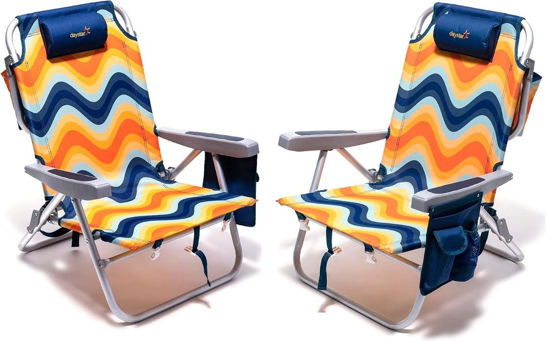 SUNNYFEEL Low Beach Chair 2 Pack, 5-Position Lay Flat Reclining, Backpack Portable Folding Chairs with Cooler Bag & Cup Holder, Heavy Duty 350 LBS, Compact for Beach, Camping, Travel