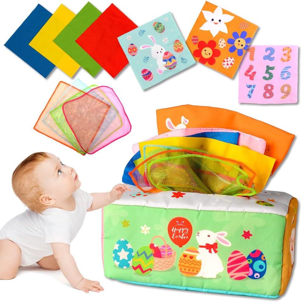 Waybla Easter Baby Toys, Easter Tissue Box Montessori Toy, Soft Stuffed High Contrast Crinkle Infant Sensory Early Learning Easter Toys, Easter Gifts, Easter Basket Stuffers for Babies 12+ Months, Medium, Small