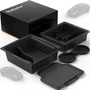 Center Console Organizer for Tesla New Model Y Juniper 2025-2026/Model 3 2024-2026 [2-Layer Design, Easy Slide] Keep Console Clutter-Free Custom Fit for Model 3 & Juniper Model Y Accessories, 4PC (Black)