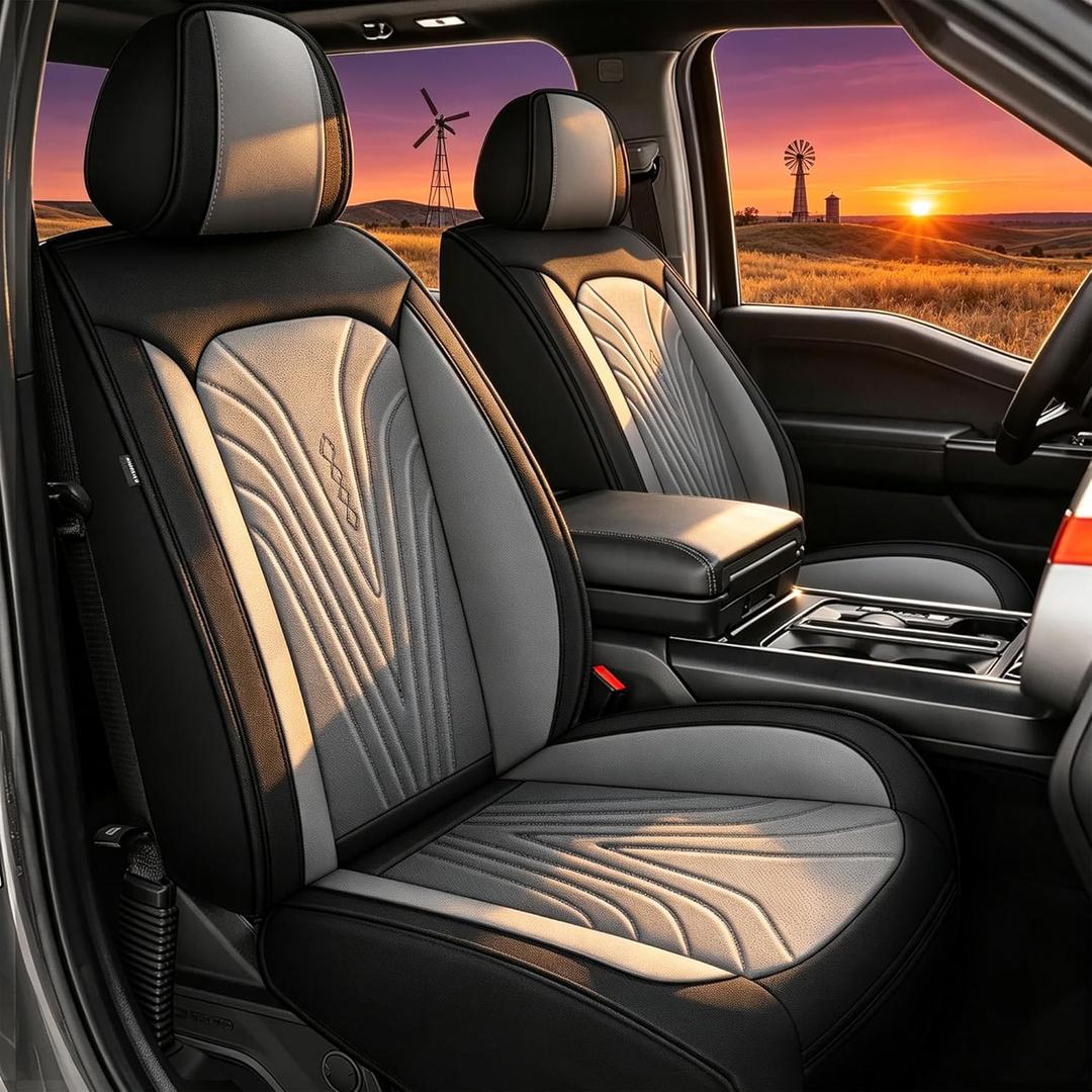 JIAMAOXIN Truck Seat Covers Front Set Custom Fit for 2009-2026 Ford F150 & 2017-2026 F250/F350/F450 Super Duty Waterproof Leather Seat Protectors (Black & Gray)