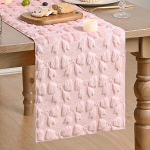 Artoid Mode Pink Soft Plush Faux Fur Jacquard Bows Table Runner, Valentine's Kitchen Dining Table Decoration for Home Party Decor 13x90 Inch